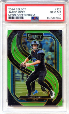 Jared Goff PSA 10 Panini 2024 Select Football #123 Neon Green Prizm Lions /49