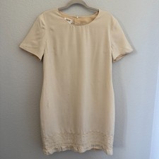 Talbots Petites 12 100% Silk Beige Embroidered Hem Short Sleeve Sheath Dress