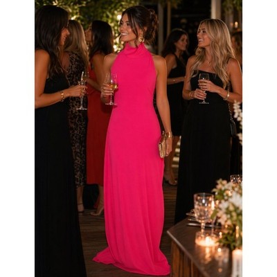 Norma Kamali Halter Turtleneck Side Slit Gown  Rose Pink  Size L (40)   NWT | eBay