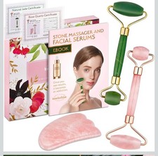 3-In-1 Stone Face Massager Kit l Natural Rose Quartz Roller and Gua Sha Tool