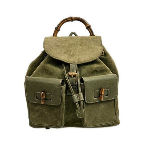 Vintage GUCCI Double Pocket Leather Backpack Green 26 x 31cm Bamboo Handle