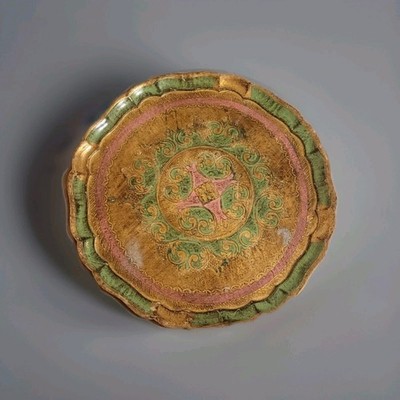 Large Vintage Hand Painted Round Gold Pink & Green Florentine Wooden Tray 17.5''