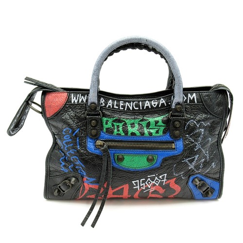 BALENCIAGA Classic City Graffiti 431621 leather Handbag black USED