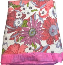 Vtg 1970s 67 x91 Twin Throw Blanket MCM Pink Trim Red Flower Power Comforter