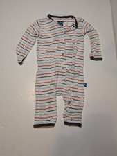 KicKee Pants Bamboo 0-3M Coverall Romper Snaps Blue Striped Butt Pocket Footless