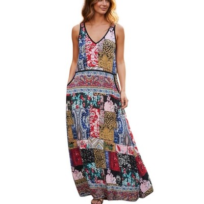 Tolani Multicolored Patchwork Design Boho Silk V-Neck Maxi Dress - Small