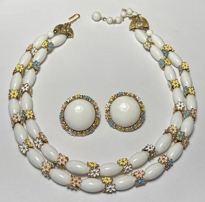 Trifari “Fleurettes” Necklace & Earring Set, White Glass, Enamel Flowers, 1964