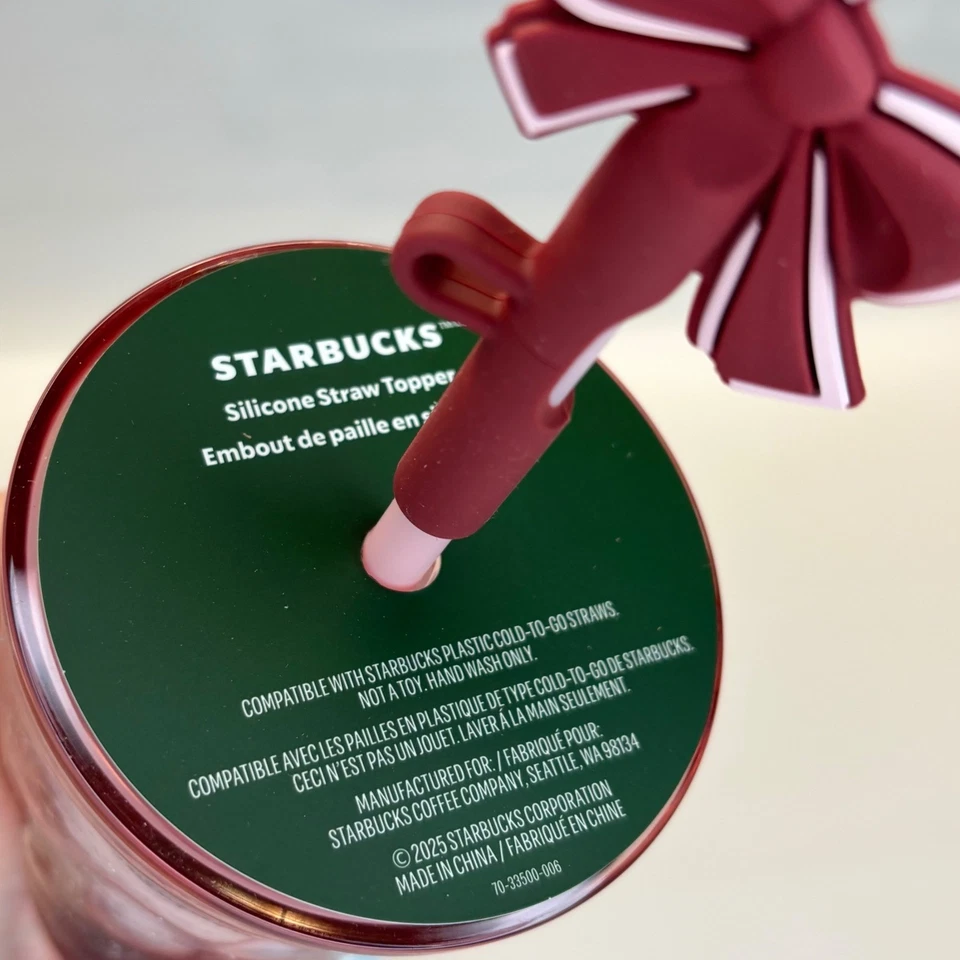 Starbucks Rosa Vidrio de Nieve Vacaciones Arco Silicona Topper Taza Vaso 18 Oz 2025 Foto 3 de 4