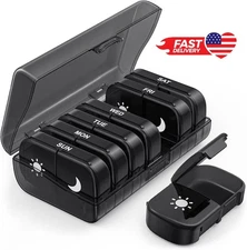Weekly Pill Box Organizer 7-Day Medicine Case 2x Daily AM PM One-Side Open Black