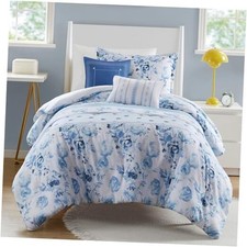 Twin Comforter Set, Vintage Floral Stripes Print, Solid T/TXL Comforter Blue