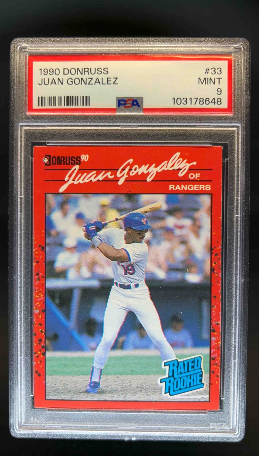 1990 Donruss Juan Gonzalez RC Rated Rookie #33 Rangers PSA 9