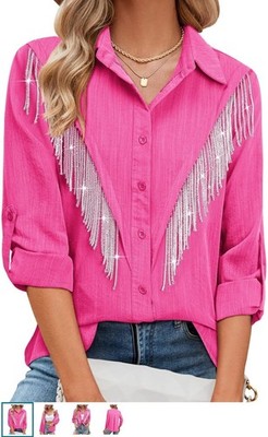 Womens Pink 3X Sparkly Fringe Button Down Shirt Rolled 3/4 Sleeve Top Country