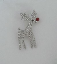 New Silvertone Clear/White Crystals Red Enamel Nose Deer Pin Brooch Adorable