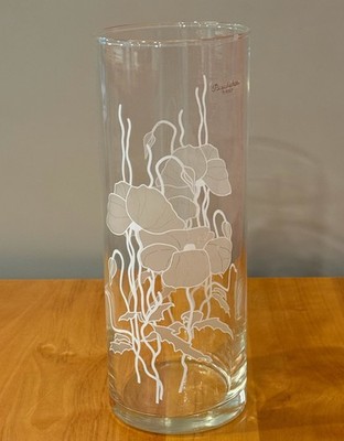 Vintage PASABAHCE Floral Etched Clear Cut Glass Vase Frosted Made In Turkey 9''