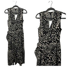 NWT Who What Wear XS Leopard Print Ruffle Trim Midi Dress Black Cream 12.5"x45"