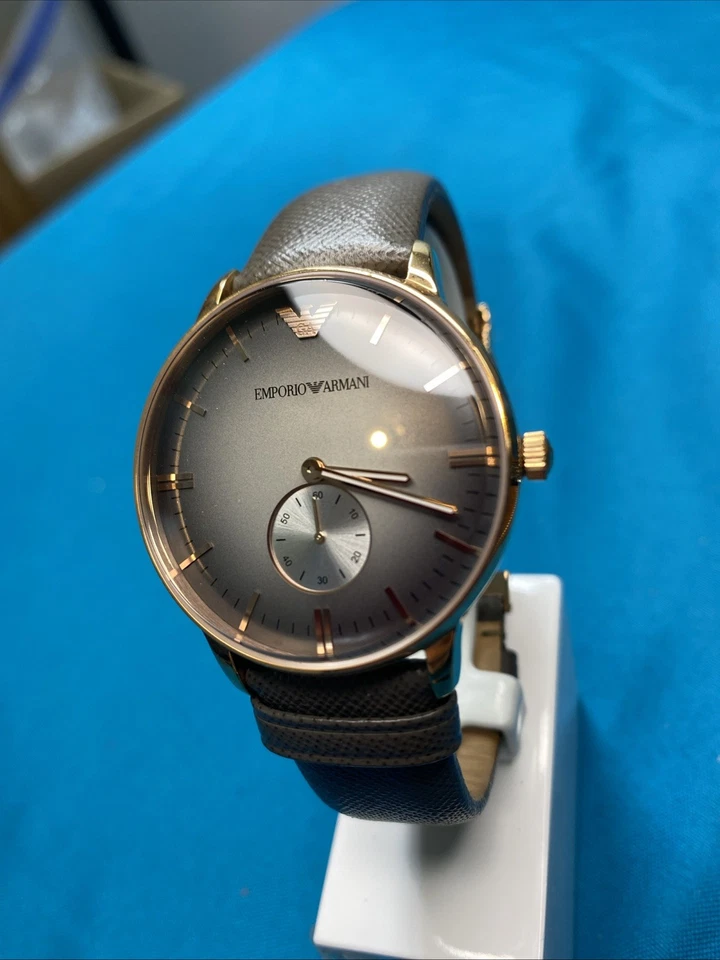 EMPORIO ARMANI ROSE GOLD TONE,GRAY EMBOSSED LEATHER BAND Mens WATCH New Battery - Image 3 of 4