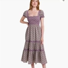 O.P.T Size S Daphne Tiered Smocked Bodice Pocket Midi Dress Purple Cottagecore