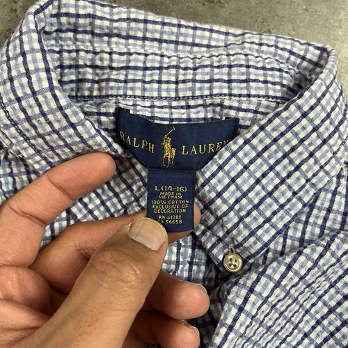 Polo Ralph Lauren Shirt Youth Large Blue Check Seersucker Short Sleeve Button Up - Picture 6 of 11