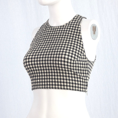 Nanushka Top Gingham Check Cropped Seersucker Navy Cream size XXS