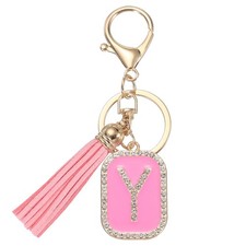 Initial Letter Keychain Crystal Alphabet Letter-Y Keychain with Tassel Pink