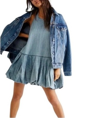 free people denim halter dress Free People Denim Bubble Mini Dress Halter Neck Womens XS Open Back Boho  Pockets