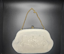 Vintage White Beaded Evening Clutch Purse Gold Chain Made in Japan Bridal