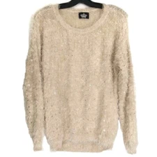 Gold Sparkly Sequin Fuzzy Knit Sweater Creme Furry Eyelash Fabric Stretchy Large