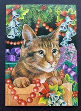 *ONE* Brown Tabby Cat Christmas New Year Card Under Tree Bell Decorations UK 1