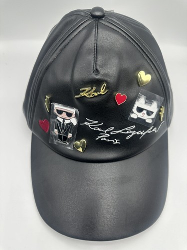 NWT Karl Lagerfeld Paris Hat Black Faux Leather Multiple Signature Embellishment - Picture 2 of 10