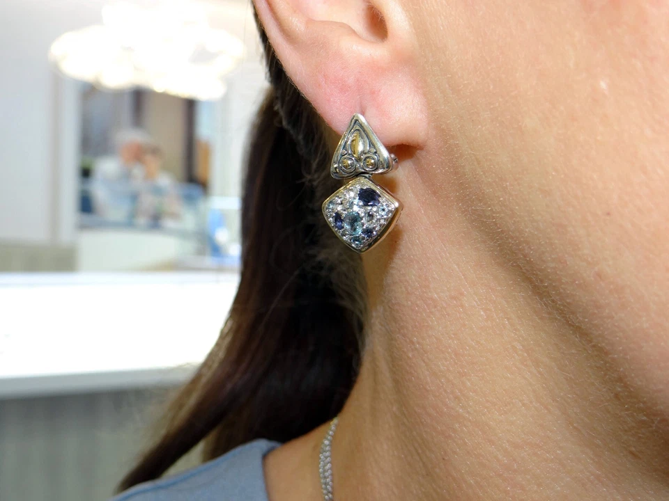 Pendientes colgantes John Hardy Jaisalmer plata oro amarillo 18k topacio zafiro Foto 2 de 4