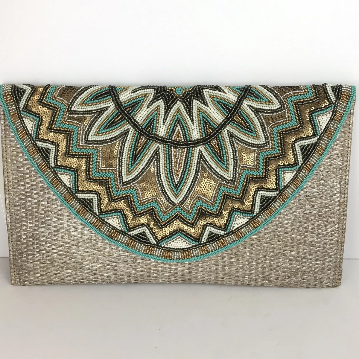 NEW Beaded Evening Clutch Handbag W/Chain Strap Turquoise Gold