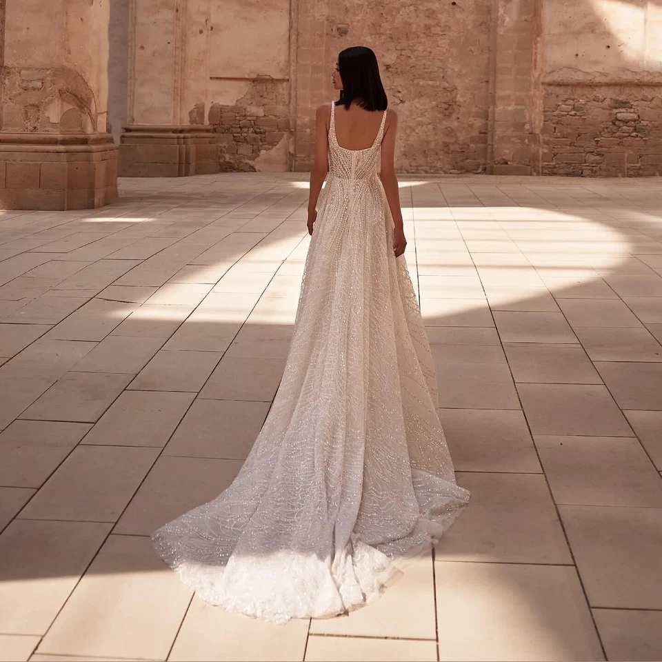 Luxury A-Line Wedding Dresses Spaghetti Straps Side Slit Lace Pearls Bridal Gown - Image 2 of 4