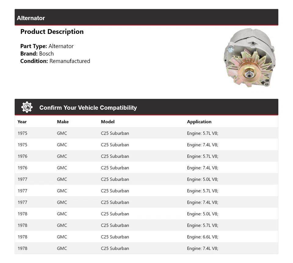Alternador Bosch Suburban GMC C25 1975-1978 (Remanufacturado) 1976 1977 Foto 2 de 4