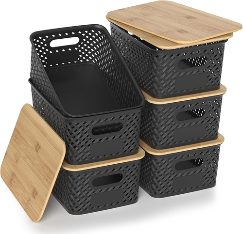 Plastic Storage Bins with Bamboo Lids, Stackable Storage Baskets for Organizing