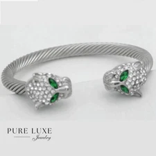 Men's 7"Stainless Steel,Cubic zirconia Double Panther Cuff Cable,Bracelet,Box