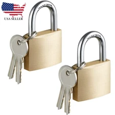 Solid Brass Padlock with Key, Pad Lock 1-1/2 in. Wide Lock Body, Locker (2 Pack)