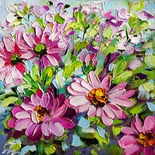 original oil painting Daisy pink garden flowers impasto Floral wall art 6*6 in