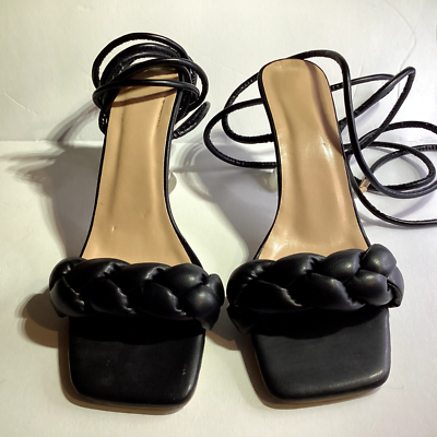 Black Braided Strap Square Toe Clear Acrylic Cake Stand High Heel Sandals  Sz 40