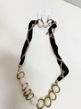 New Women's Jewelry Black Cream Chunky Scarf Gold Rings Chain Necklace Earrings 