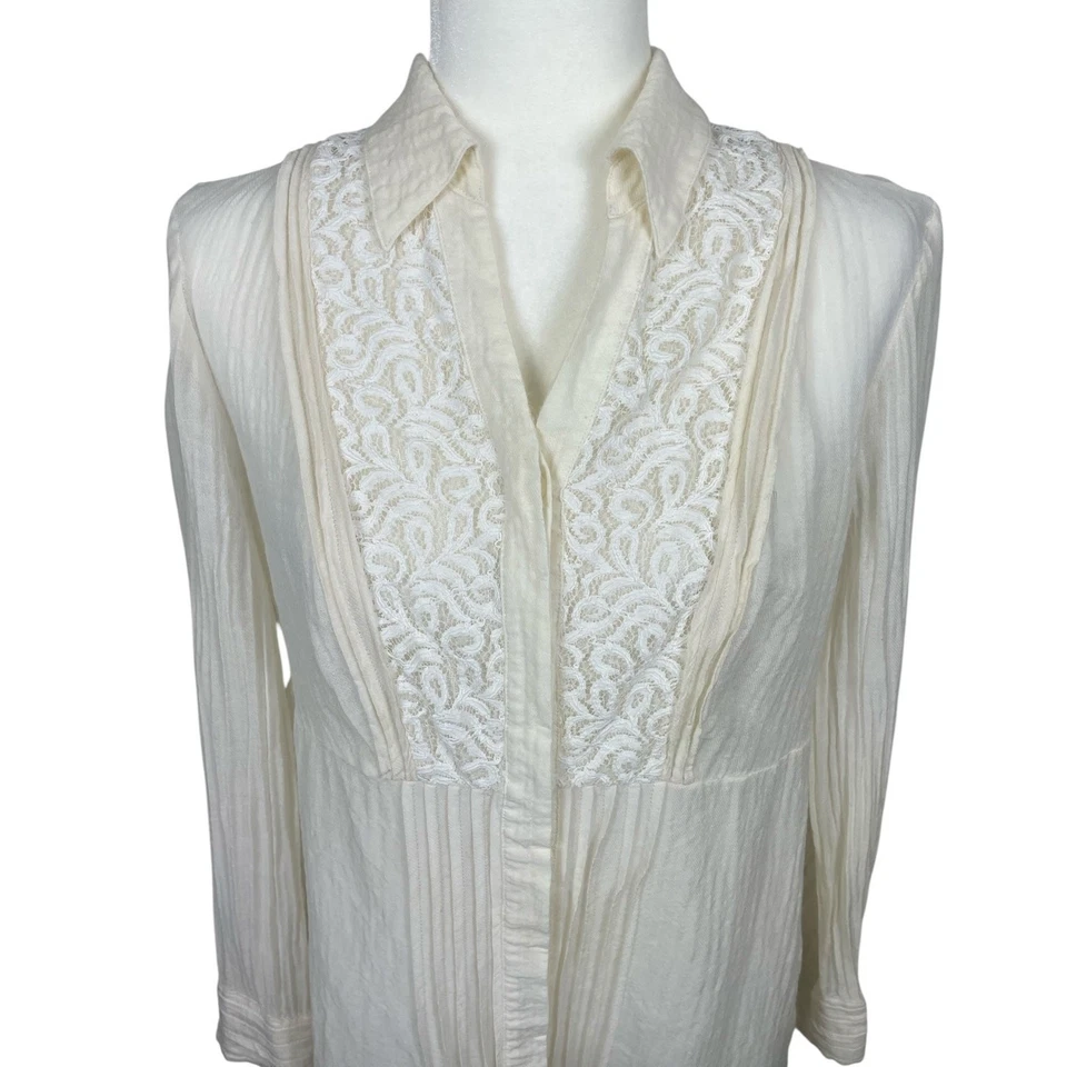 Top túnica Coldwater Creek seda lana encaje botón delantero cabaña boho marfil mediano Foto 3 de 4