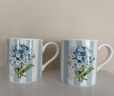 ROY KIRKHAM FINE BONE CHINA Blue Hydrandrea Striped Mugs Set of 2 ENGLAND NEW