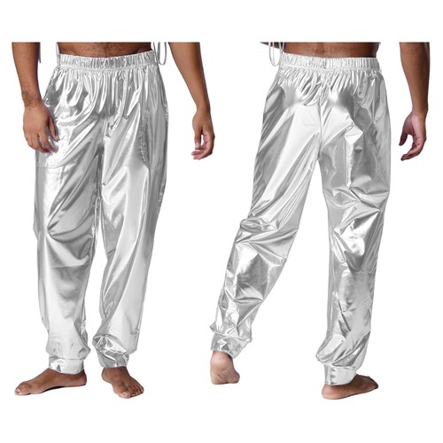 Men Long Pants Elastic Waist Metallic Shiny Pants Sporty Dance Pants Clubwear - Picture 49 of 67