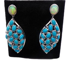 925 Sterling Silver Turquoise and Opal Dangling Earrings, Big Beautiful Earrings
