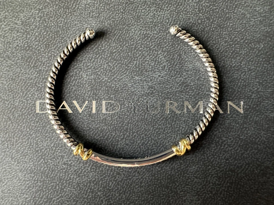 David Yurman Helena 925/18K 铺面钻石电缆袖口手链 15-18 厘米 — 第 3/4 张图片