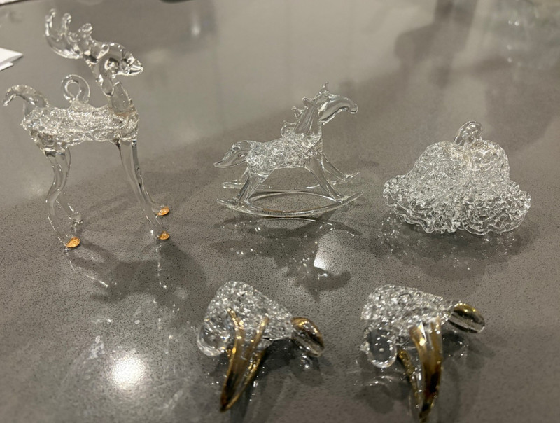 FIVE Vintage Clear Blown Glass Christmas Ornament Figurines Lot