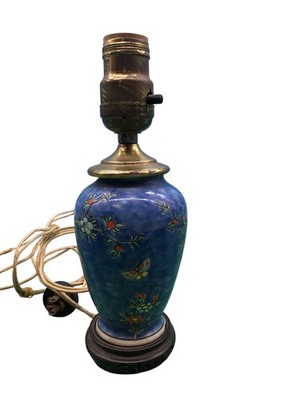 Vintage Blue Ceramic Table Lamp Bird Floral Wood Base Small Made In Japan