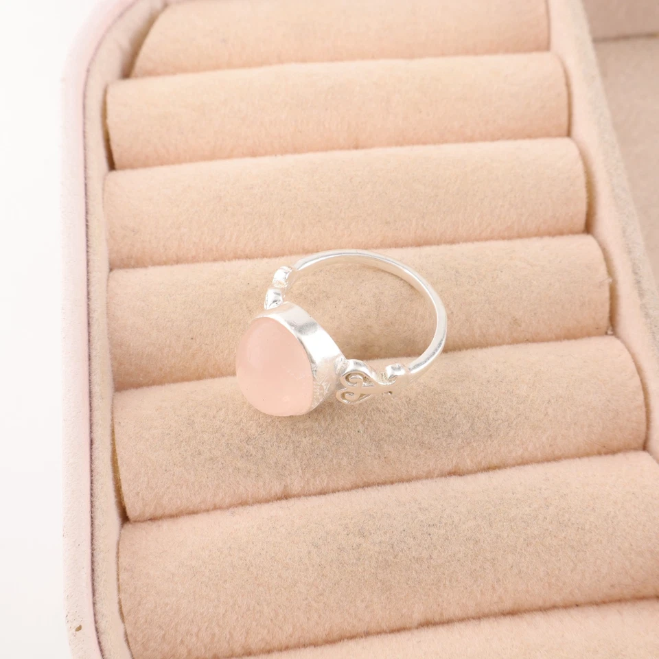 925 Серебряный натуральный розовый кварц безель заявление сердце чакра день рождения сестра кольцо - Изображение 3 из 4