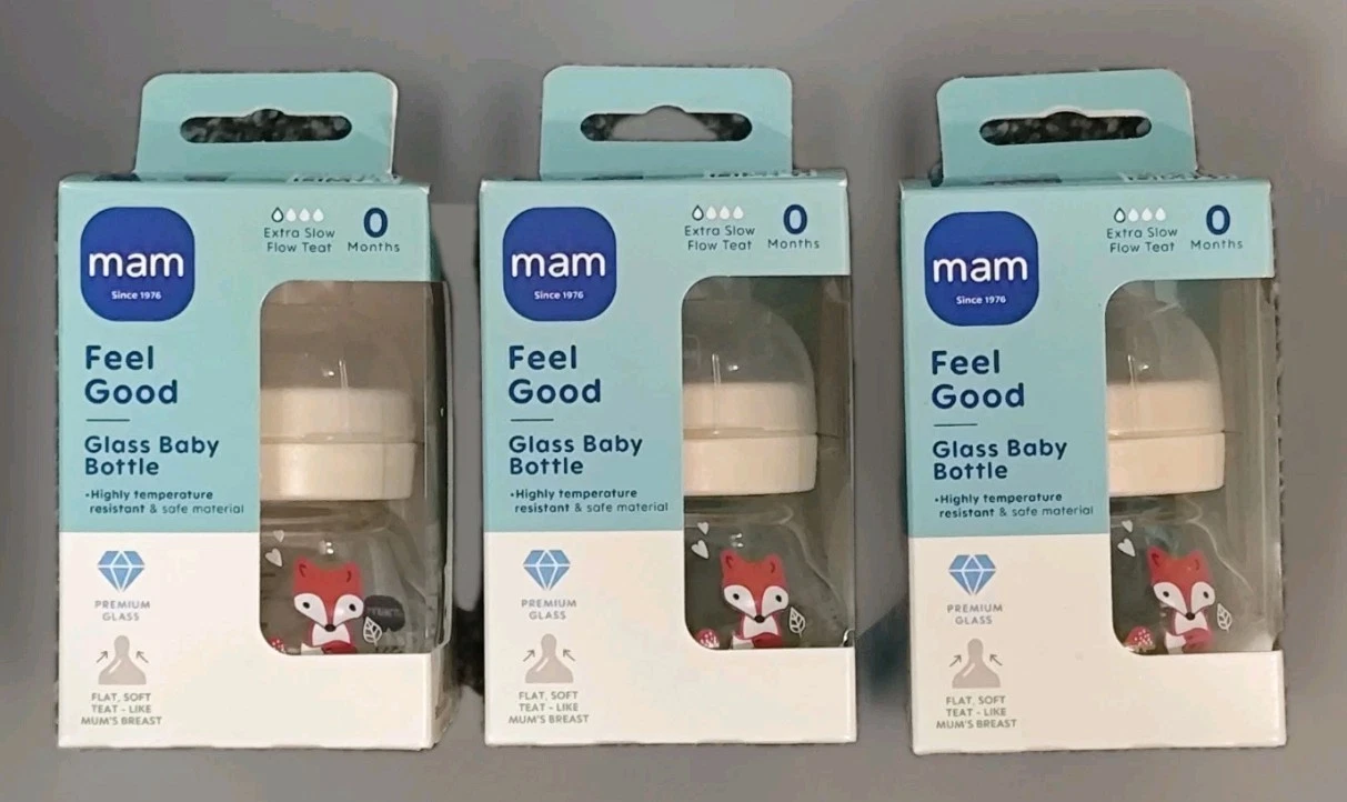 MAM Fell Good - 3 X 90ml Glass Baby Bottle, 0 Months, Extra slow Flow Teat - NEW