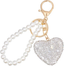 Cute Keychain for Women, Pearl Heart Bling Keychain Accessories for Car Keys, Rh