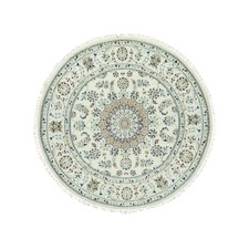 5'x5' Droplets White Hand Knotted Nain Center Medallion Floral Round Rug R90617